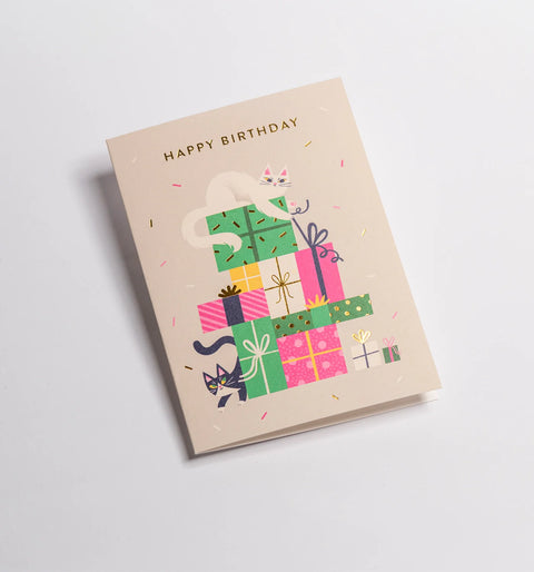 Tarjeta Felicitación Cumpleaños - Regalos y gatos