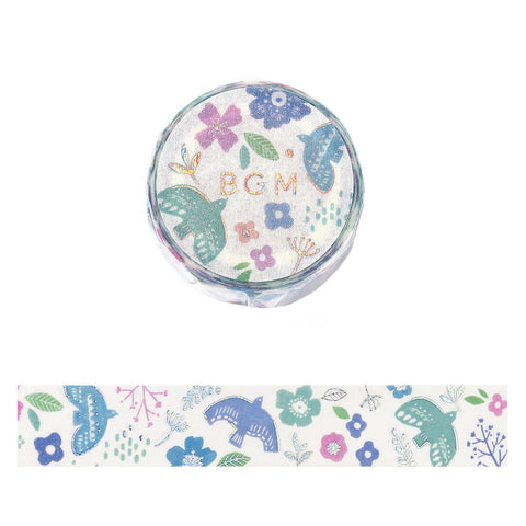 Washi tape con dorado - Pájaros y flores