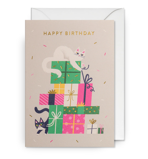Tarjeta Felicitación Cumpleaños - Regalos y gatos