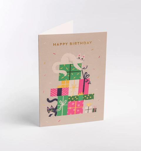 Tarjeta Felicitación Cumpleaños - Regalos y gatos
