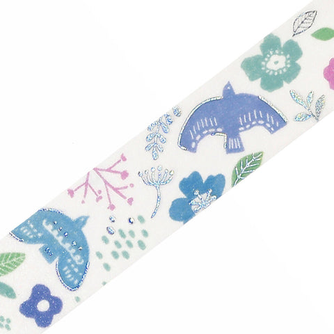 Washi tape con dorado - Pájaros y flores