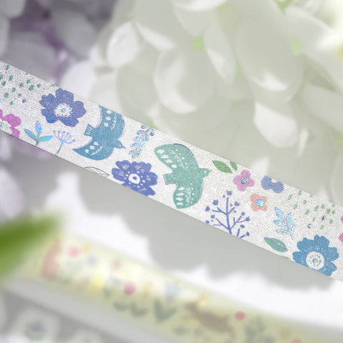 Washi tape con dorado - Pájaros y flores