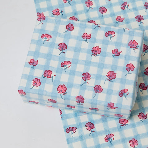 Papel regalo algodón 50x70cm - Cuadros azul y rosa